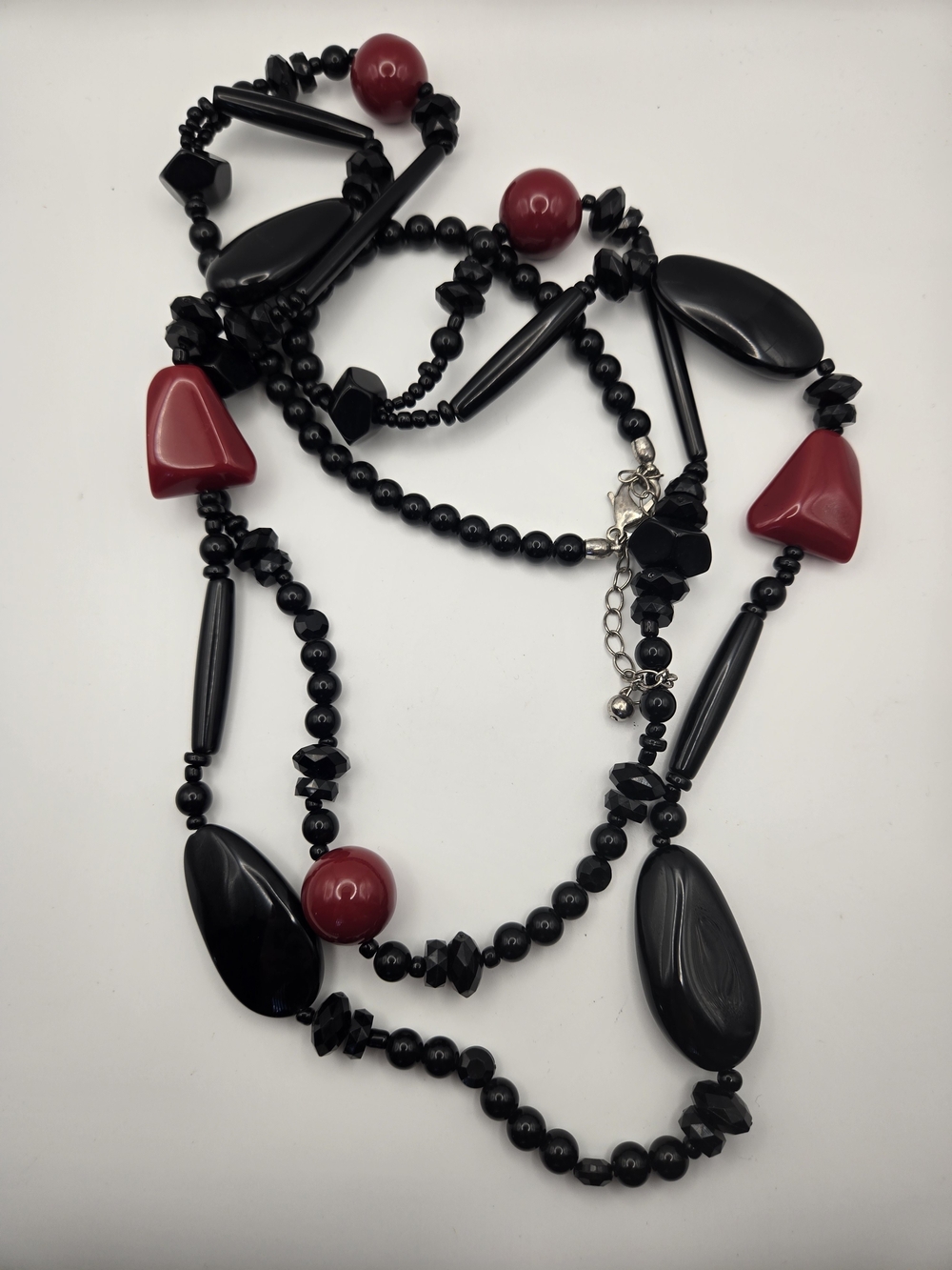 Chico's Black Red Double Strand Acrylic Bead Long Necklace Bold Chic Statement